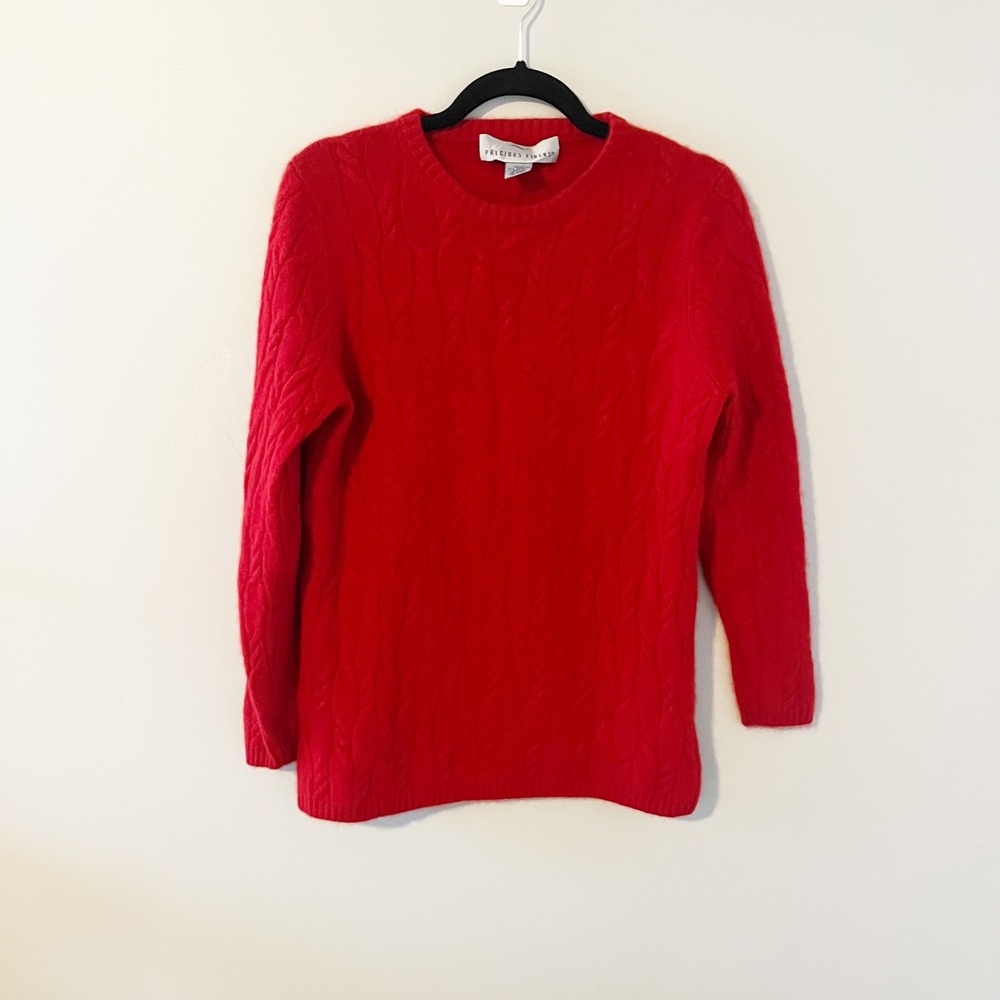 Precious Fibers Womens Red 100% Cashmere Cable Knit Crew Neck Sweater Medium